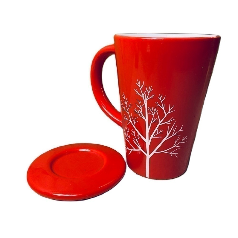 David’s Tea The Perfect Mug Set: Red ceramic mug with white tree design and lid - Picture 3 of 12